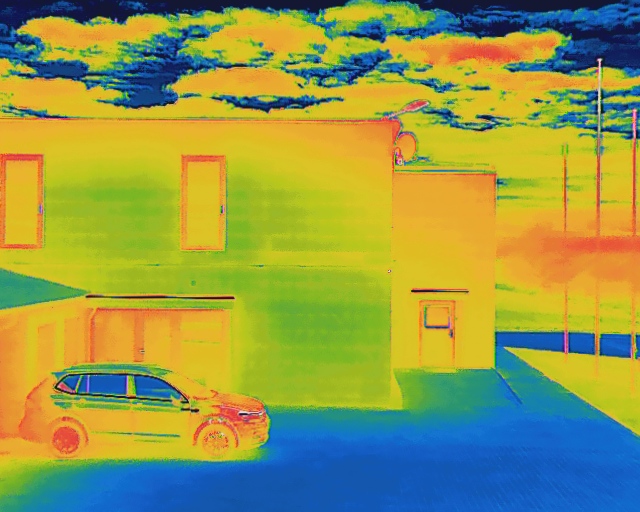 Termisk billede der viser områder med størst varmeudslip fra en bygning.