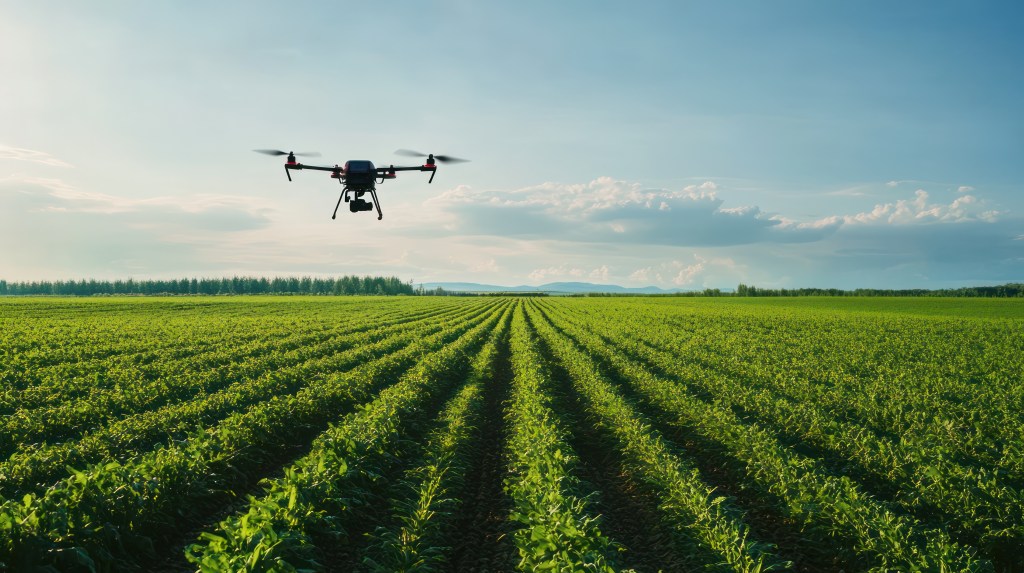 Drone der flyver over en græsmark